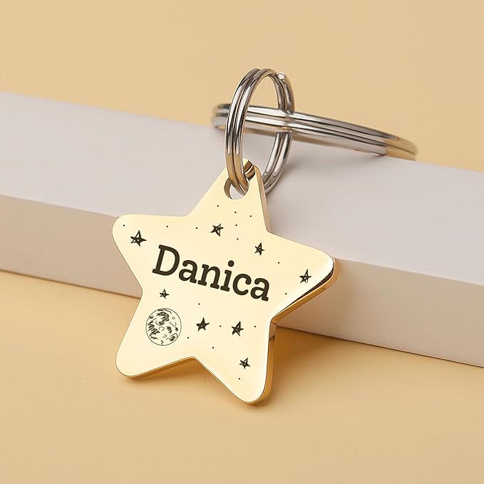 Anavia Small Size Dog Cat ID Tags, Small/XS Personalized Color Plated Stainless Steel Puppy Kitten Name Tags, Customized Engraved Nameplate Pet Collar Tag (Purple, Star)