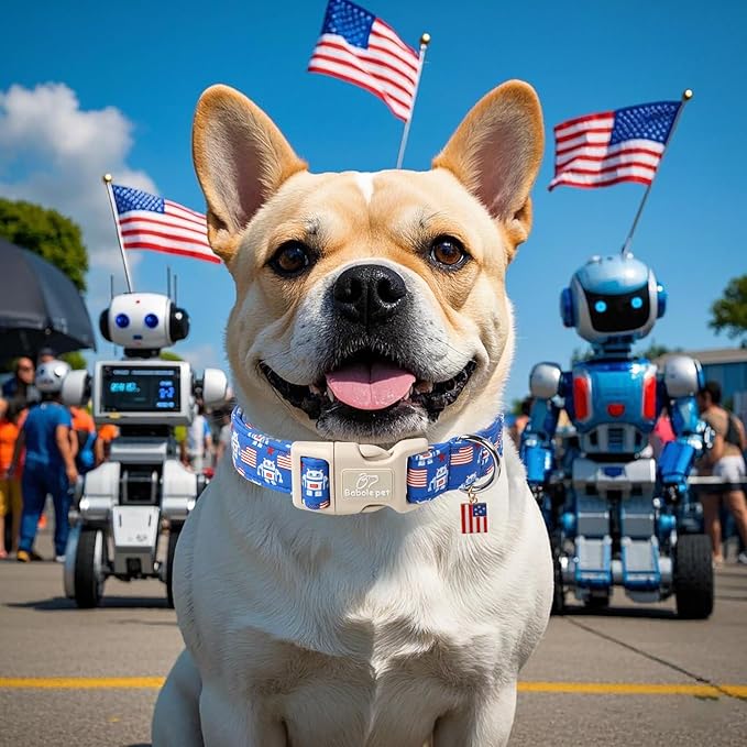 4th of July Dog Collar, Robot Star-Spangled Patriotic Dog Collars for Medium Dogs, Adjustable Lightweight Quick-Release Buckle Collar for Boy&Girl Dogs M