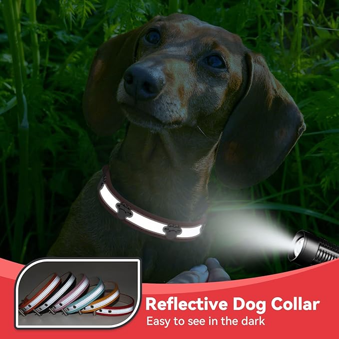 PETCARE Reflective Dog Collar with Cute Paw Rivet Studded Funny Soft PU Leather Adjustable Puppy Dog Collars for Small Medium Large Dogs Cats (Red,Large)