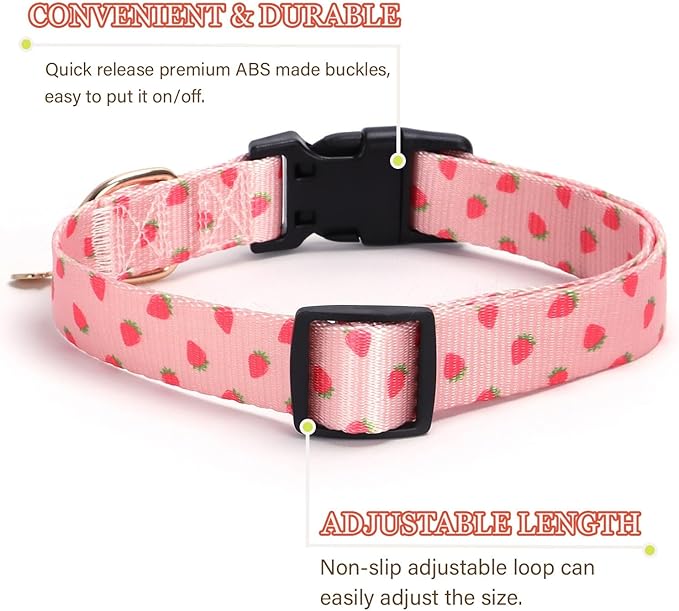 Pink Strawberry Pattern Dog Collar with Buckle Adjustable Safety Nylon Collars for Small Medium Large Dogs, Cute Stylish Girl Boy Christmas Dog Collar(Pink Strawberry,M)