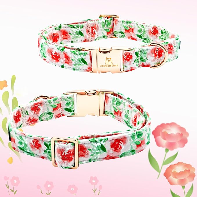 Lionheart glory Dog Collar Flowers Collar Floral Dog Collar with Flower Spring Summer Cute Collar Dog Boy or Girl Dog Collars Soft Durable Adjustable Dog Collars for Large Dogs, Red Roses