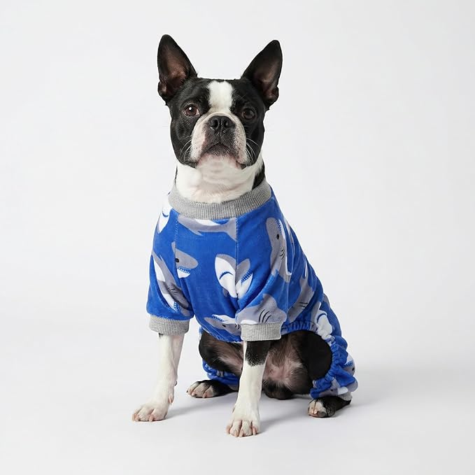 Fitwarm Shark Dog Pajamas, Dog Clothes for Small Dogs Girl Boy, Pet Onesie with Feet, Cat Outfit, Lightweight Velvet, Royal Blue, XXL