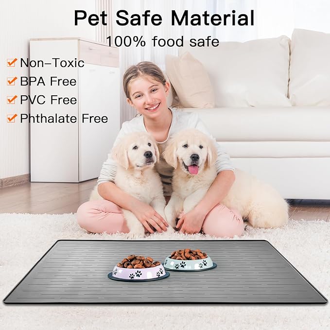 48" x 32" Largest Pet Food Mat, XXXL Silicone Dog Mats for Food and Water, Nonslip Pet Feeding Mats for Floors,Dog Cat Bowl Mat with Raised Edges, Gray Blue