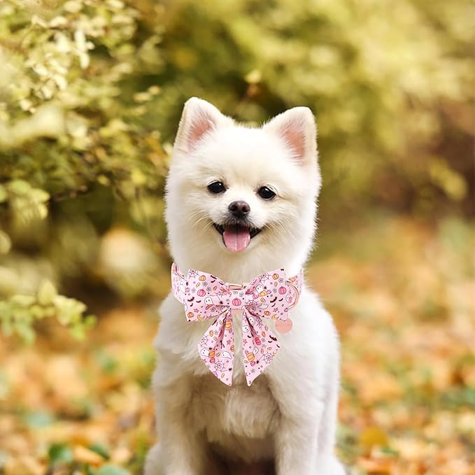 Halloween Dog Collar with Pink Floral Bowtie, Premium Cotton, Sturdy Metal Buckle, S Size for Small Dogs