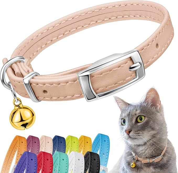 CollarDirect Leather Cat Collar with Bell - Kitten Small and Big Cat Collar for Boy Cats, Girl Cats with Safety Elastic Strap (Neck Fit 6"-7", Beige)