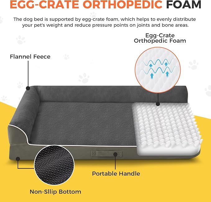 Dog Bed Large Sized Dogs, XL Orthopedic Dog Bed for Large Dogs 42"x30"x7.5", Waterproof Pet Bed with Washable Removable Cover, L-Shaped Pet Couch with Portable Handle, Olive Green