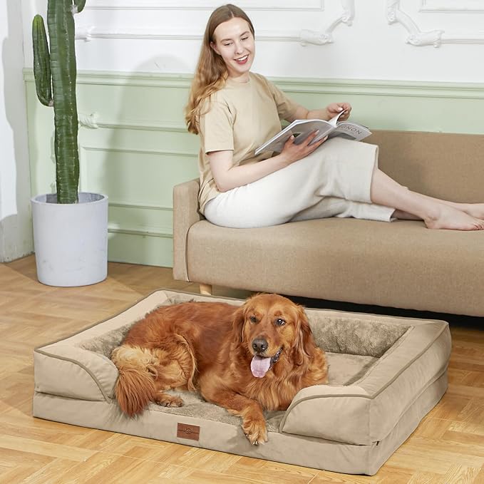 Comfort Expression Orthopedic Dog Bed for Extra Large Dogs 42x30 Inch, Waterproof Egg Crate Foam XL Pet Bed with Removable Bolsters, Dog Couch with Washable Cover & Non-Slip Bottom, Light Brown