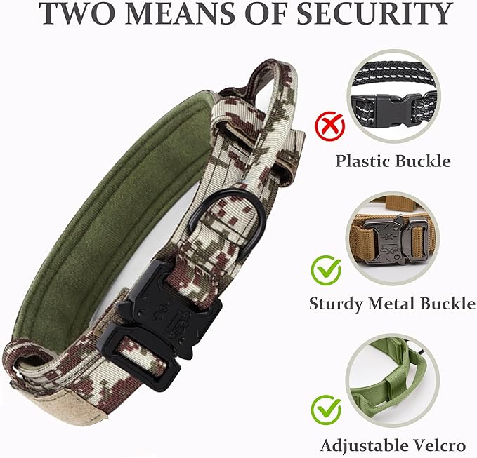 Tactical Dog Collar, Adjustable Military Training Nylon Dog Collar with Control Handle and Heavy Quick-Release Metal Buckle for Small Medium Large Dogs, Camo XL
