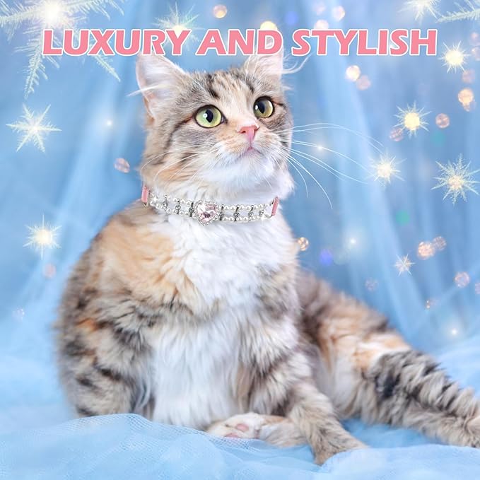EXPAWLORER Cat Collar Leather with Bell and Safety Elastic Belt,Personalized Rhinestones Bling Adjustable Collars for Cats Kitty and Small Dogs,Pearl cat Collar Pink (Pearl)