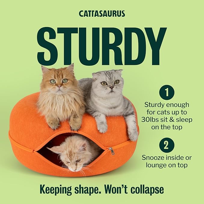 Cattasaurus Peekaboo Cat Cave Donut for Multiple & Large Cats up to 30-45 lbs, 3-in-1 Self Warming Cat Bed, Tunnel & Scratcher for Indoor Cats, Washable & Detachable Small Dog Bed (Orange, Large)