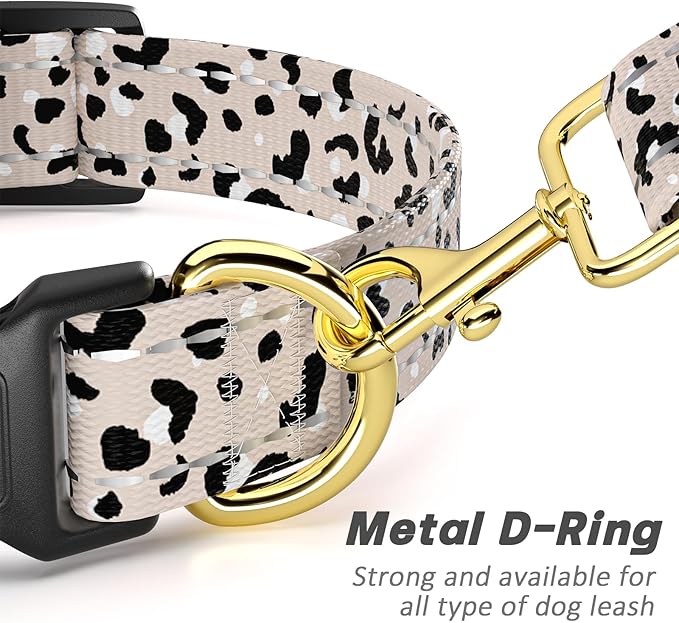 Reflective Dog Collar for Small Dogs, Cute Leopard Style Adjustable Heavy-Duty Nylon Puppy Collar for Boy and Girl Female, Soft Pet Accessories with Quick Release Buckle, Beige