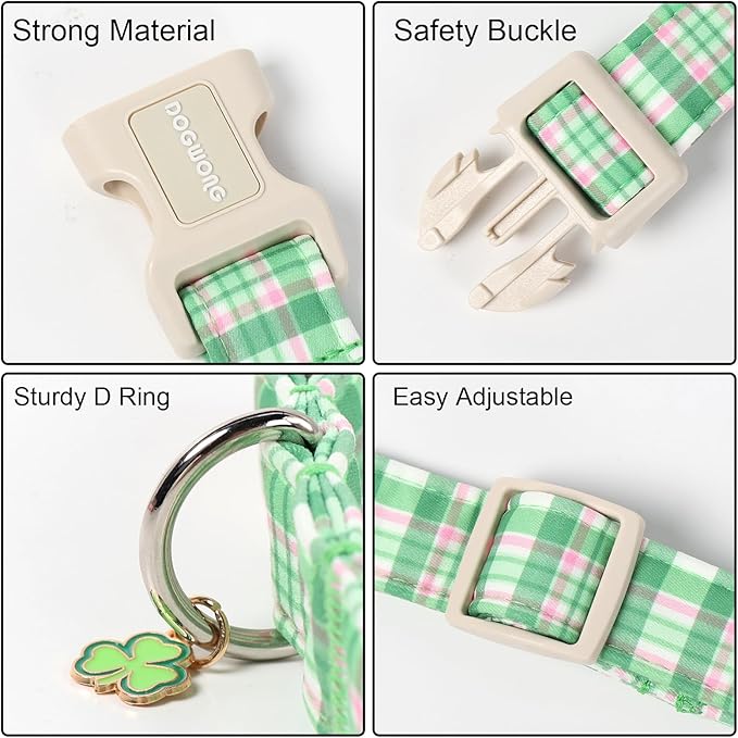 DOGWONG Pink Plaid Adjustable Pet Collar Comfortable Spring Summer Puppy Collar Cute Cotton Collars Durable Necklace Gift for Medium Large Dogs,L