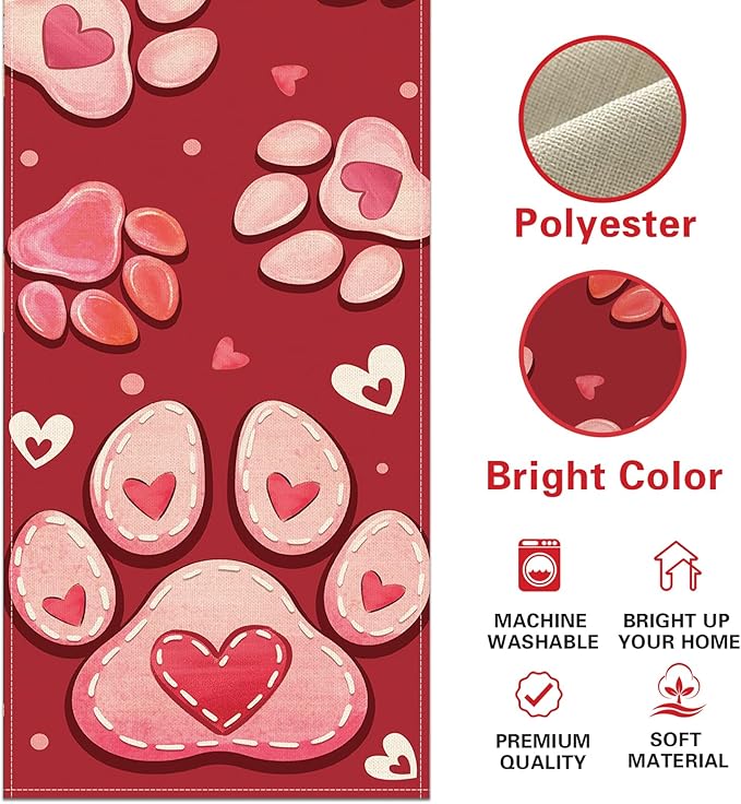 Valentines Day Dog Cat Paw Prints Table Runner, Red Love Hearts Kitchen Dining Table Decoration Pet Lover Gift, Anniversary Wedding Burlap Indoor Outdoor Home Decor Party Supply 13 x 90 Inches