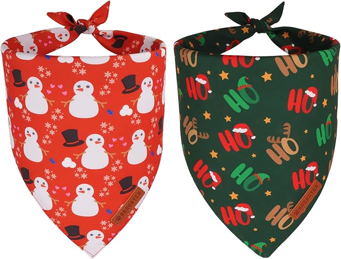 ADOGGYGO Christmas Dog Bandanas 2 Pack, Reversible Snowman Hoho Pattern Xmas Scarf, Premium Fabric, Adjustable Fit Red Green Christmas Bandanas for Medium Large Dogs (Large)
