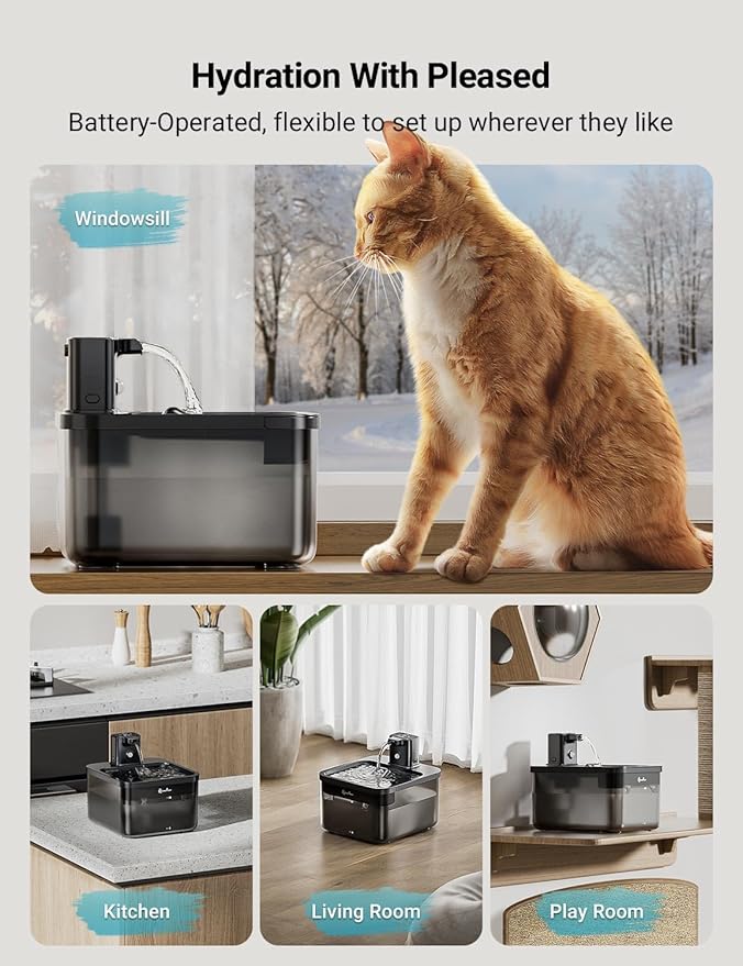 DownyPaws Cat Water Fountain Cordless, 84oz/2.5L Fursink Wireless Pet Water Fountains for Cats Indoor, Battery Operated Cat Drinking Fountain with Motion Sensor, Ultra Quiet Pump, BPA-Free, Black