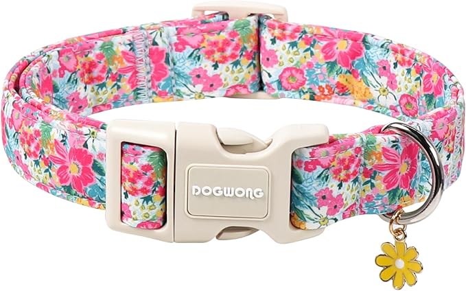 DOGWONG Spring Flower Dog Collar-Cute Floral Daisy Dog Collar, Adjustable Soft Girl Female Dog Collar for Small Medium Dogs, S