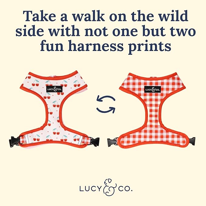 Lucy & Co. Cheery Cherries, Cute Reversible Dog Harness Walking Halter - Best Designer Pet Harnesses for XS - XL Dogs - Padded Adjustable Vest for Easy Walking (Large)