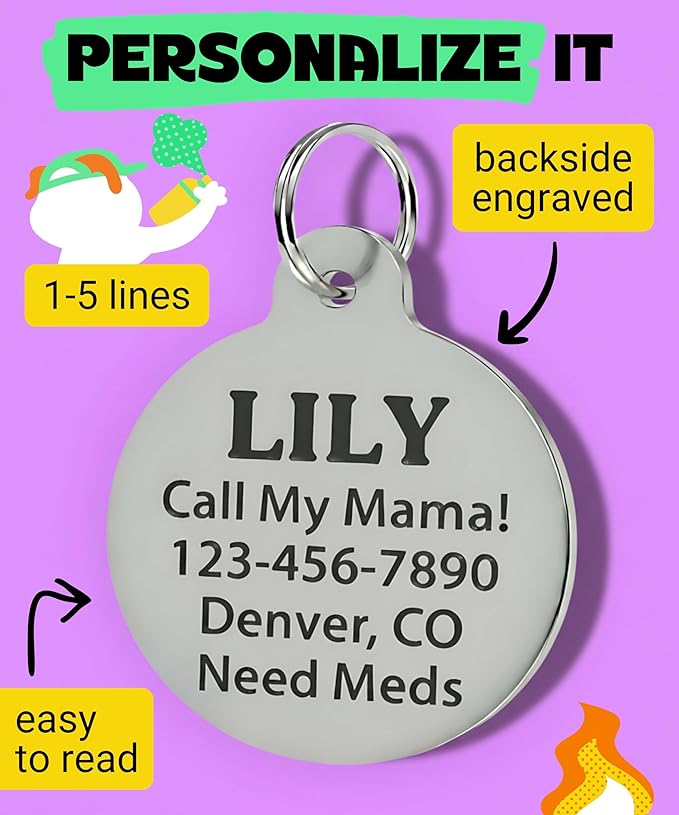 Bad Tags Personalized Dog and Cat ID Tags in 25+ Designs and 2 Sizes - 5 Lines of Custom Engraved Text - Funny Cute Personalized Pet Tags (House Hippo - Pink, Small (1 inch))