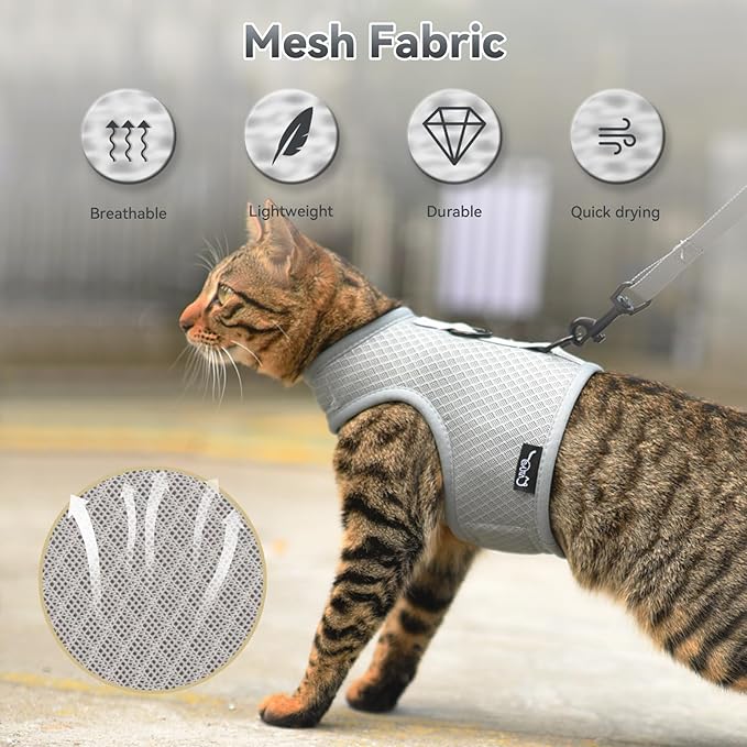 Cat Harness and Leash for Walking Escape Proof Breathable Mesh Fabric, Solid Grey, Large, Adjustable Cat Walking Jackets, Padded Stylish Cat Vest
