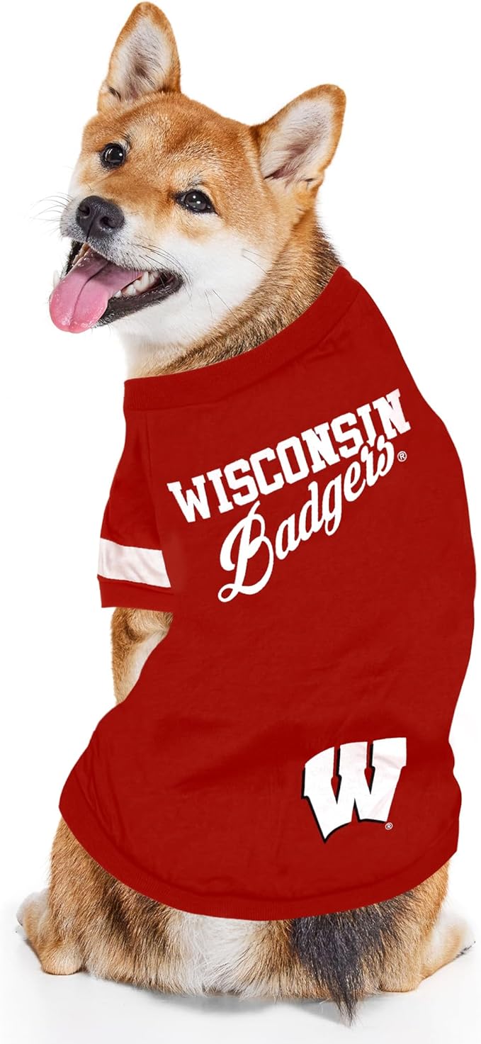 Pets First NCAA Wisconsin Badgers T-Shirt for Dogs & Cats. Size Medium. Football/BASKTBALL Dog Shirt for College NCAA Team Fans. New & Updated Fashionable Stripe Design