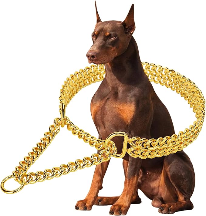 Gold Dog Collar Chain Stainless Steel 19K Gold Dog Collar Adjustable Walking, Metal Cuban Link Dog Collar Chew Proof Double Row Chain Dog Collar for Large Small Medium Dogs