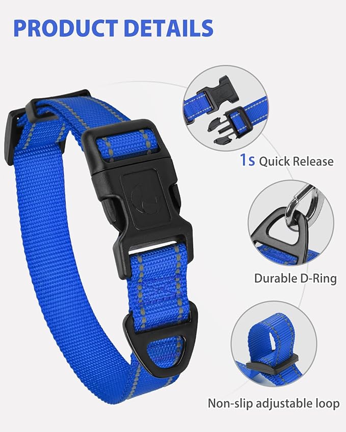Joytale Small Dog Collar, Reflective and Adjustable Nylon Collar with Quick-Release Buckle, Lightweight No-Choke Design for Small Dogs, Navy Blue, 5/8" Width