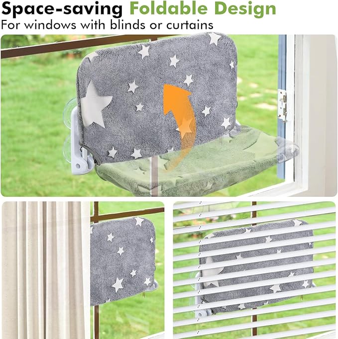 Cat Window Perch, Glow in The Dark Cordless Foldable Pet Hammock Bed for Window with Sturdy Metal Frame, Glowing Stars Pattern Resting Seat for Indoor Cats (Stars - L)