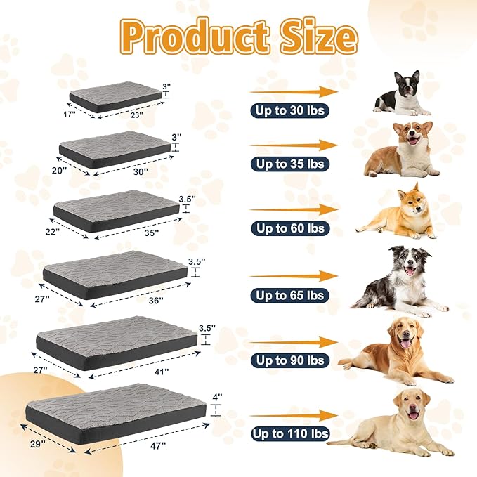XXL Dog Crate Bed - Soft Fluffy Memory Foam Dog Bed with Anti-Slip Bottom, Machine Washable Pet Bed for Extra Large Dogs (47"x29"x4", Grey)