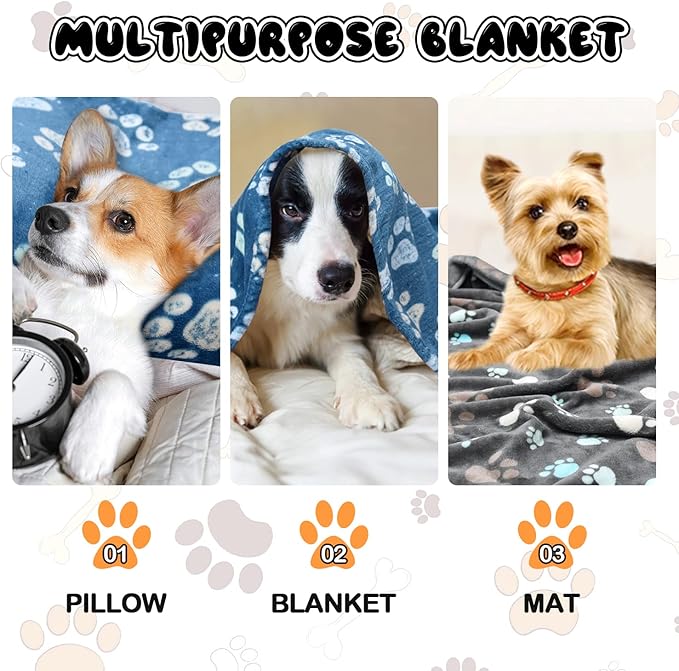 Rezutan Premium Dog Blankets for Large Dogs & Cat Flannel Blanket Washable, Soft Pet Throw Cover for Kennel Crate Bed, Sofas, Cute Paw Pattern,41x31 inch,1Gray & 2Blue