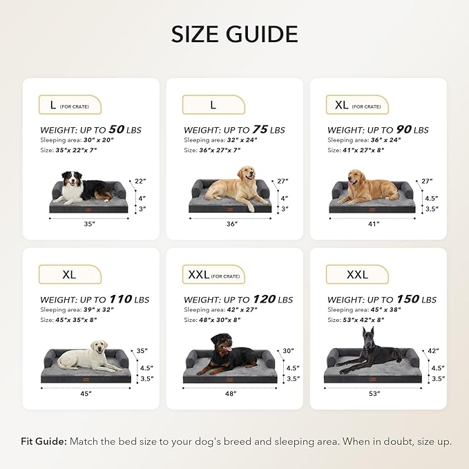 Orthopedic XXL Dog Beds, Waterproof Egg Crate Foam Big Pet Bed for All Breed Sized Dogs 53x42Inch, Washable Extra Large Dog Couch Bed with Removable Cover and Non-Slip Bottom, Dark Grey