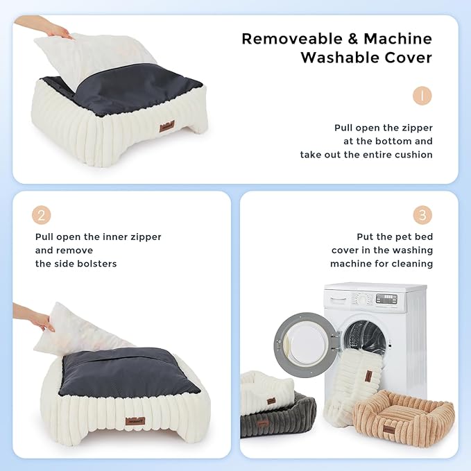Small Dog Beds for Small Dogs - Washable Cat Beds for Indoor Cats, Rectangle Orthopedic Puppy Bed with Fluffy Removable Cover, 20x19x7inches, Beige