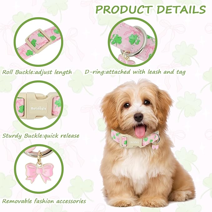 St. Patrick's Day Dog Collar,Pink Bow with Green Clover Puppy Collar,Adjustable Spring Cotton Collars Gifts for Small Medium Large Dogs,Dog Accessories M