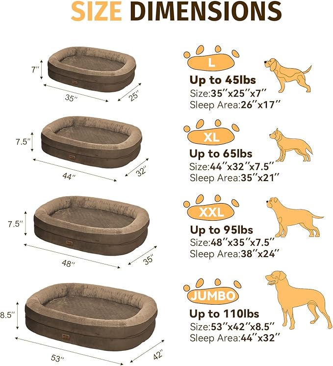 Orthopedic Waterproof Large Dog Bed: Memory Foam Washable Dog Bed with Bolsters - XXL Orthopedic Removable Cover for Medium Large Sized Pet - Non-Slip Bottom - Coffee