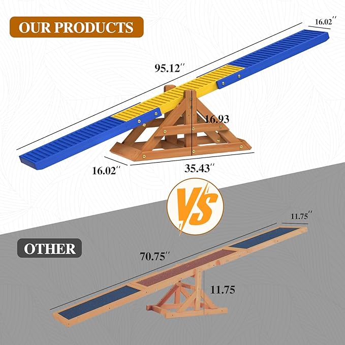 95" Wooden Dog Seesaw, Dogs Agility Course Backyard Set for Training and Exercise - Outdoor Big Dog Agility Equipment Practice See Saw