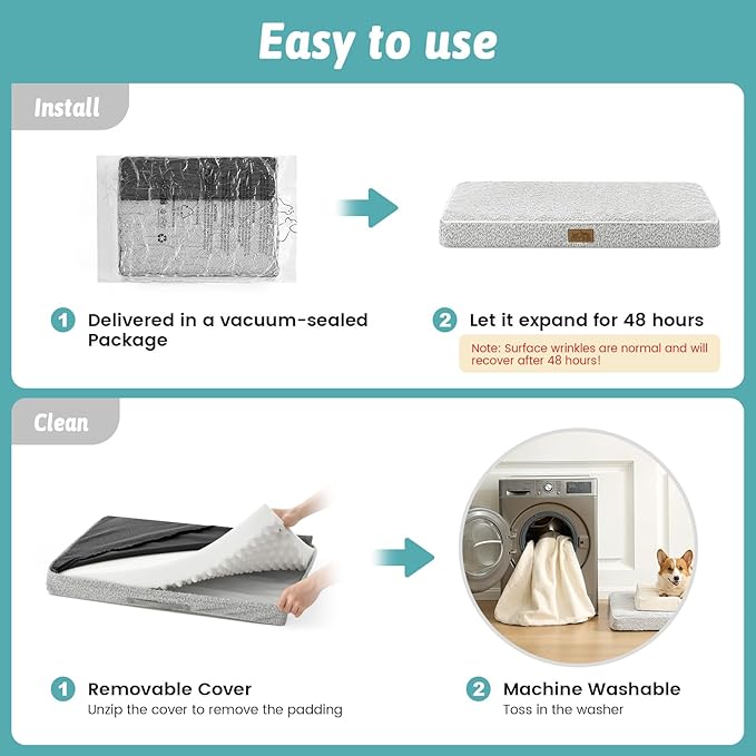 Dog Crate Bed for Large Size Dogs, Rectangular Orthopedic Dog Beds, Foam Anti-Slip Bottom Pet Mat with Washable Removable Cover, Suitable for Pet Up to 75 lbs, 36x27x3 inch, Grey
