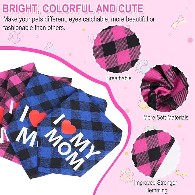 GreenJoy Cute Plaid Dog Bandana – Washable Pet Triangle Scarf for Small, Medium, Large Dogs and Cats, Adjustable Pet Accessory for Birthday, Wedding and Christmas (Pink (Mom), Small)