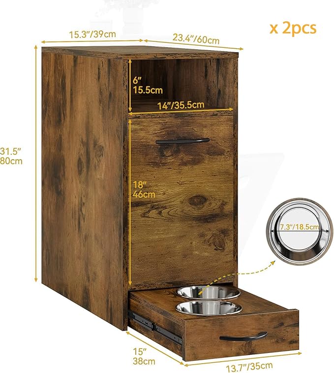 DWVO 30.6" Dog Feeding Station with Storage, Tilt-Out Dog Food Cabinet with 4 Feeder Bowls, Pull Out Elevated Dogs Bowl, Rustic Brown
