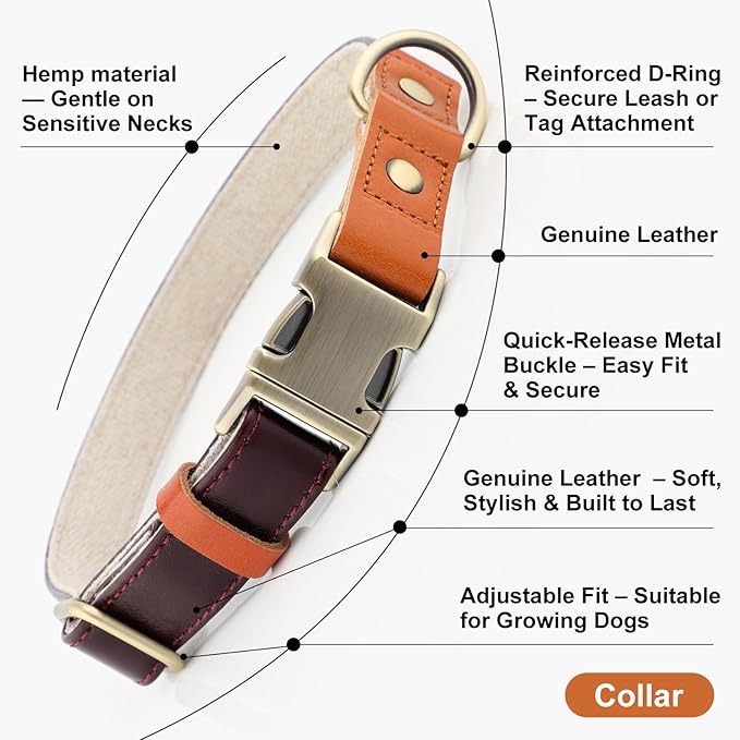 Plutus Pet Genuine Leather & Hemp Dog Collar – Adjustable Heavy Duty Pet Collar with Quick Release Metal Buckle, Soft & Stylish for Puppy and Small, Medium, Large Dogs (Copper Brown, S)