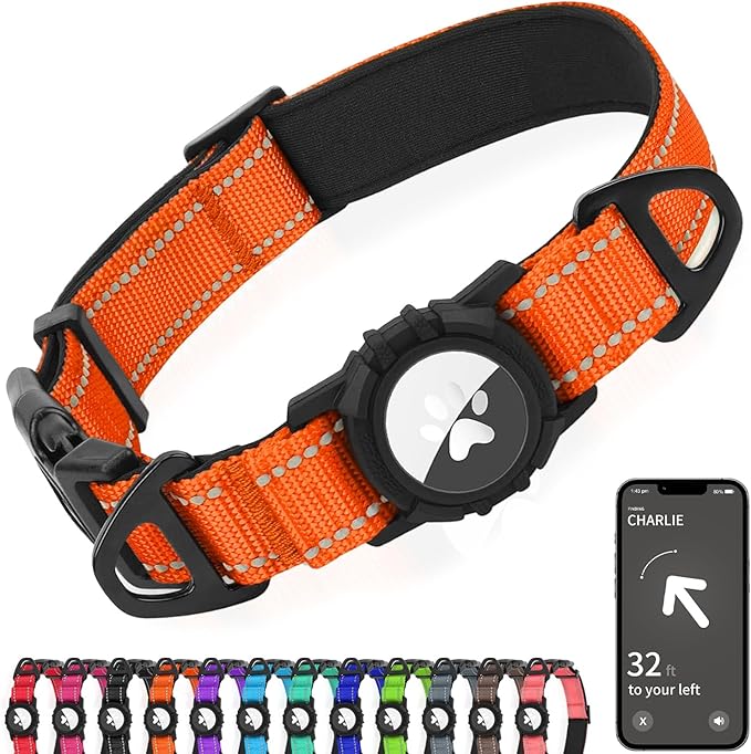 Joytale Airtag Dog Collar, Reflective Pet Collar with Waterproof AirTag Holder, Dual D-Rings, Soft Padded Adjustable for Extra Large Dogs, Orange, XL