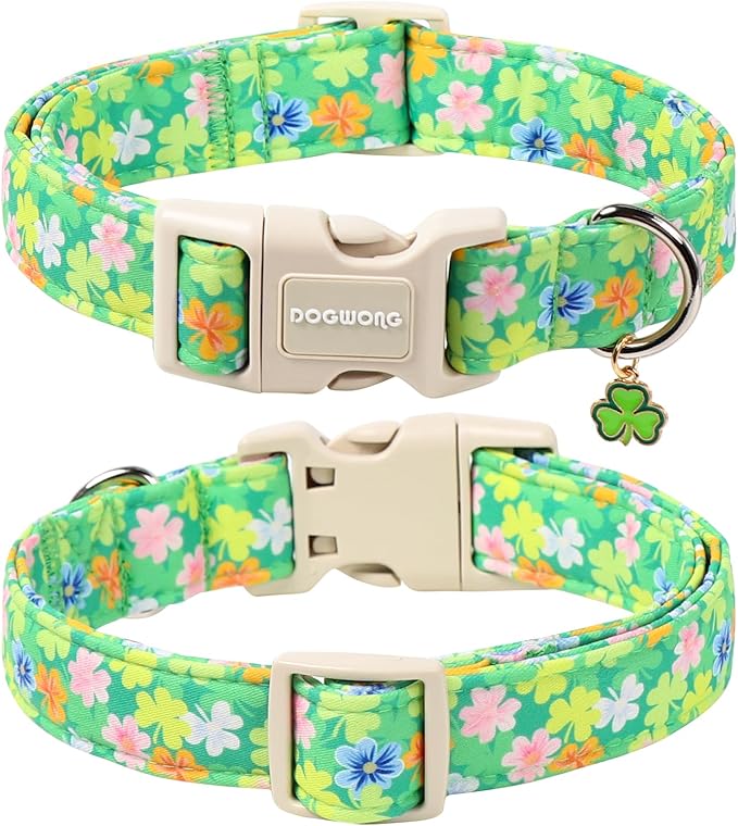 DOGWONG St. Patrick Dog Collar, Comfortable Adjustable Green Clover Pattern Dog Collar for Large Male Female Dogs,XL