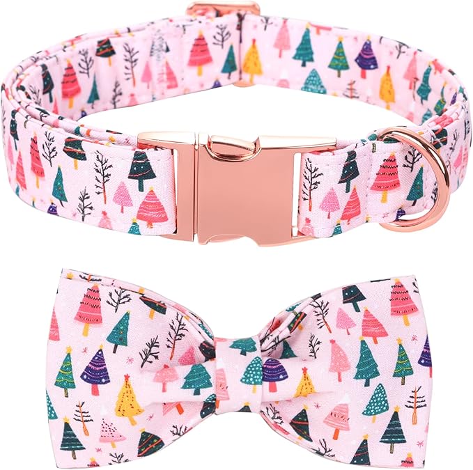 Christmas Dog Collar, Pink Christmas Tree Soft Comfortable Collars with Bow Adjustable Pet Collar with Premium Metal Buckle Dog Necklace for Medium Girl Dogs