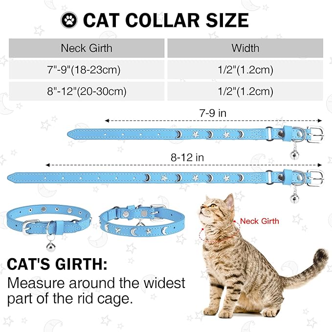 Leather Cat Collars for Boy Girl Cats with Bell and Safety Elastic Belt, Personalized Star and Moon Stud Adjustable Safe Buckle Collar for Kitty Small Big Cats Size 8-12 Inch, Light Blue