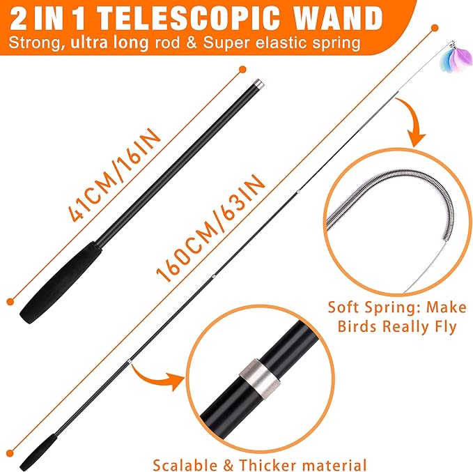 JXFUKAL 2025 Latest Cat Toys, 2 in 1 Spring Cat Wand Toy with 2PCS Ultra-Long Cat Teaser, 4PCS Spring Steel Wire & 5PCS Feather Refills for Kitty Kitten Indoor Cats Accessories