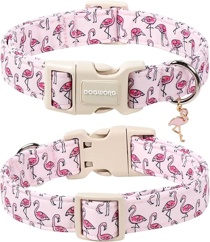 DOGWONG Cute Pet Dog Collar Pink Flamingos Cotton Dog Collar- Soft Girl Puppy Adjustable Pet Collars for Small Medium Large Dogs,L