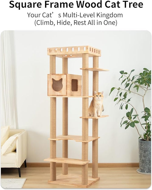 74" Wooden Cat Tree Tower for Large Cats, Multi-Level Cat Climbing Furniture with Scratching Posts, Cat Condo & Hammock, Natural Wood Cat Activity Center(Brown)