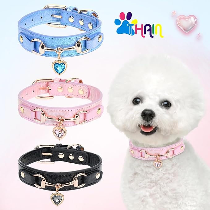 THAIN Fashion Dog Collar with Bling Diamonds & Heart Charm – 5 Holes Adjustable PU Leather Rhinestones Necklace Collar, Gold Buckle for Small Medium Dogs Girl boy (Black, S)