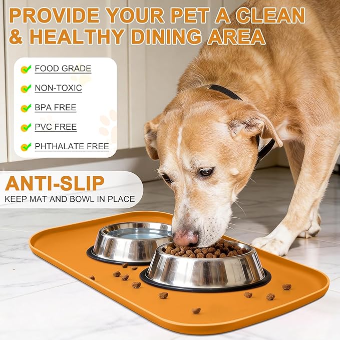 Silicone Pet Food Mat with Raised Edge for Food and Water Bowl, Dog Feeding Mats, Cat Food Trays for Floor Waterproof, Rubber Tray for Dogs and Cats, 22 x 14 x 0.8 Orange