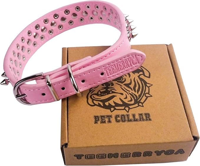 TEEMERRYCA Adjustable Leather Spiked Studded Dog Collars with a Squeak Ball Gift for Small Medium Large Pets Like Cats/Pit Bull/Bulldog/Pugs/Husky, Pink, S 10.8-13.2 inches