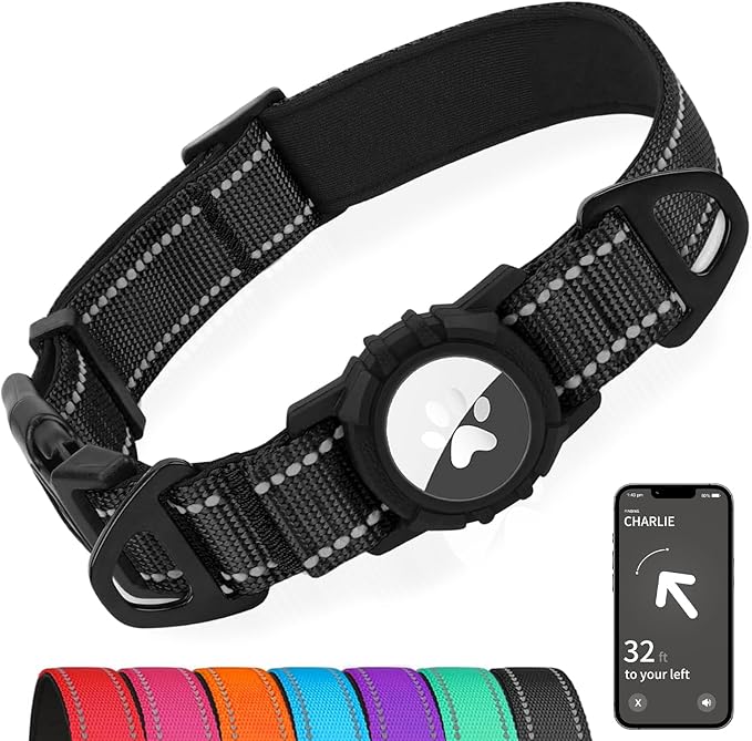 Joytale Airtag Dog Collar, Reflective Pet Collar with Waterproof AirTag Holder, Dual D-Rings, Soft Padded Adjustable for Extra Large Dogs, Black, XL
