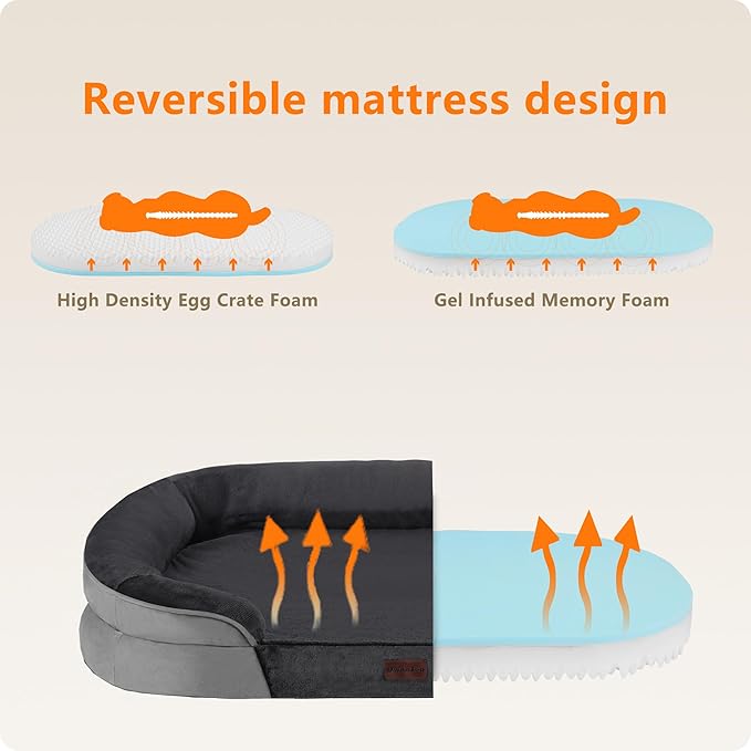 Dwanton Orthopedic Dog Bed for Medium Dogs with Gel Memory Foam, Waterproof Dog Sofa, Washable Pet Bed with Four Sided Bolster Cushion, Removable Cover & Non-Slip Bottom, 28", Dark Gray